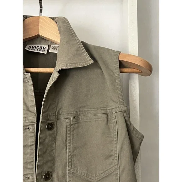 Chico's Design Button Up Twill Vest Womens S (Chico's 0) Khaki Gray Pocket Welt - Picture 6 of 15